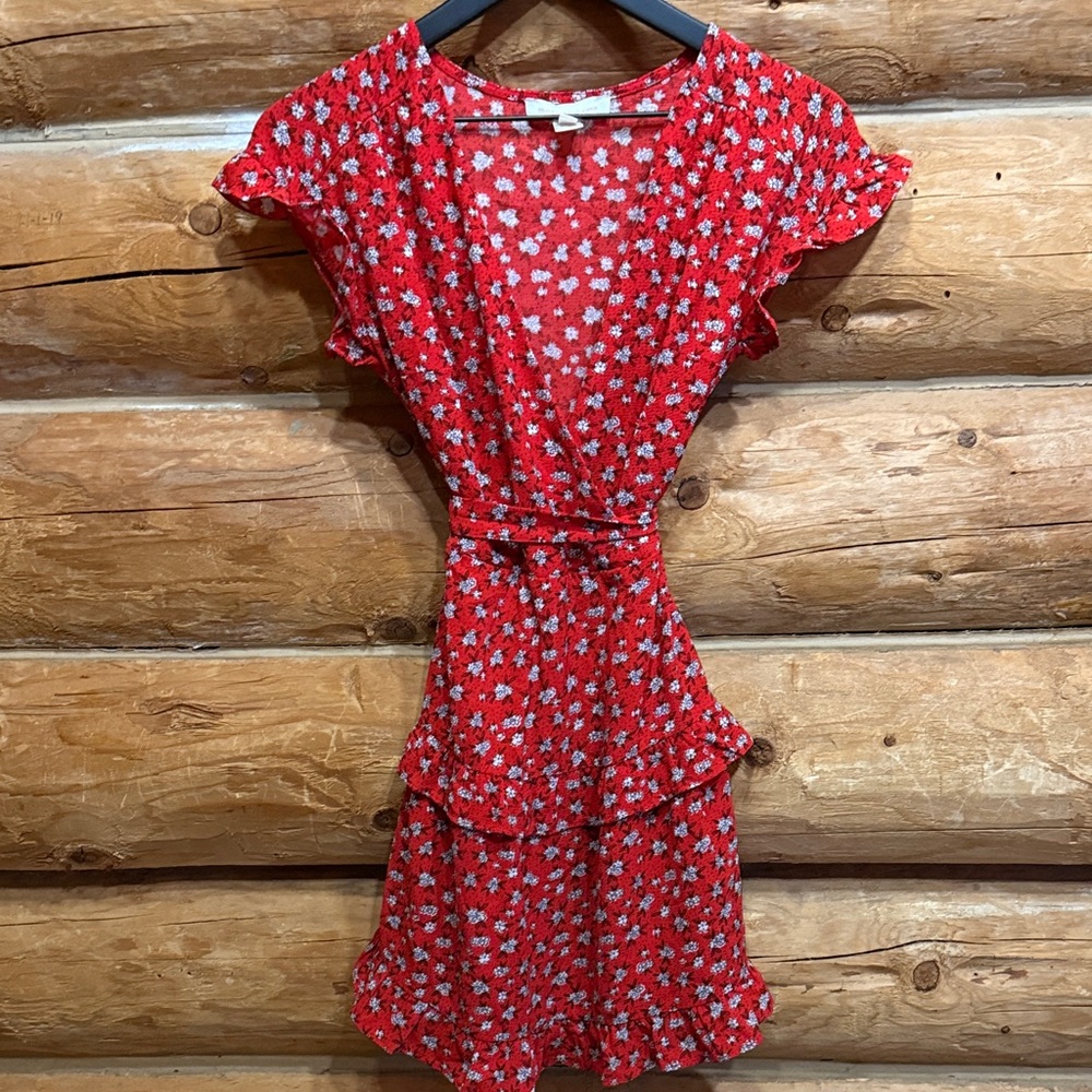 Floral Red Ruffle Dress Small V Neck Tiered Skirt